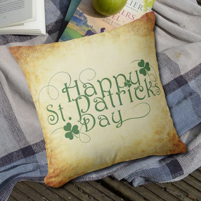 Happy St Patrick's Day Script Mottled Cream Brown Cushion (Creator Uploaded)