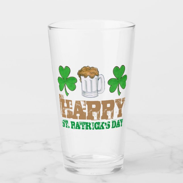 Happy St. Patrick's Day Shamrock Clover Beer Glass (Front)
