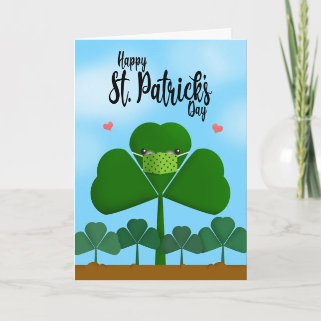 Happy St Patrick's Day Shamrock in Face Mask Humou Holiday Card (Front)