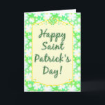 Happy St Patrick's Day Shamrocks Retro Watercolor Card<br><div class="desc">Celebrate St Patty's Day in style with this pretty shamrock pattern greeting card design. The 4-leaf clovers are white with splashes of yellow and blue on a green background with a painted - slightly retro tiedyed - look. The cursive words "Happy Saint Patrick's Day!" are a darker green on a...</div>