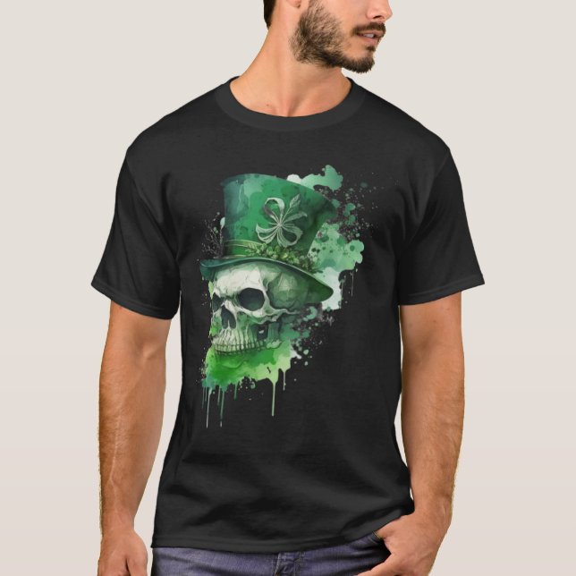 Happy St Patricks Day Skull C Green Shamrock T-Shirt (Front)