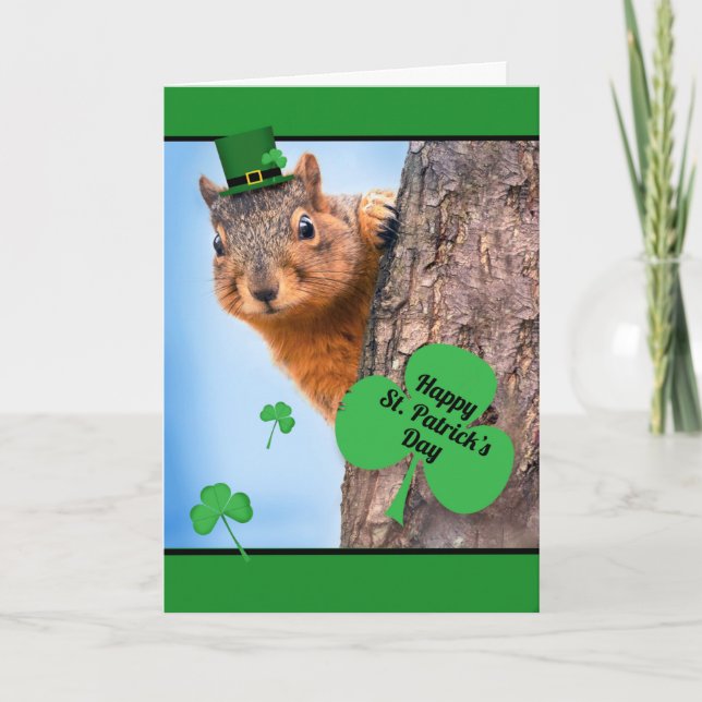 Happy St. Patrick's Day Squirrel in Hat Humour Holiday Card (Front)
