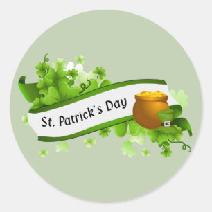 Happy St. Patrick's Day text and pot of gold Classic Round Sticker