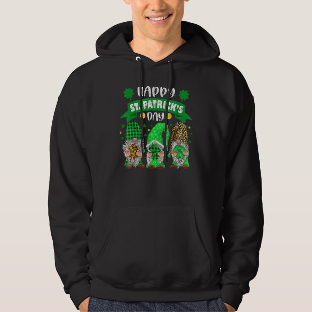 Happy St Patricks Day Three Gnome Shamrock Leopard Hoodie (Front)