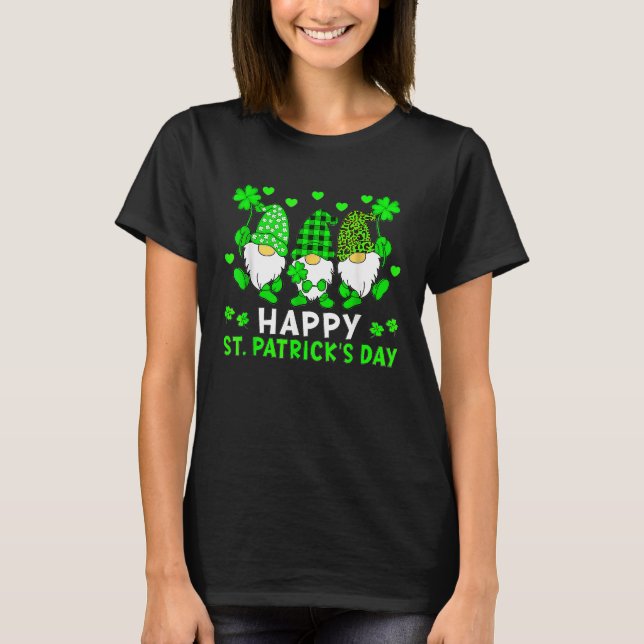Happy St Patrick's Day Three Gnomes Holding Shamro T-Shirt (Front)