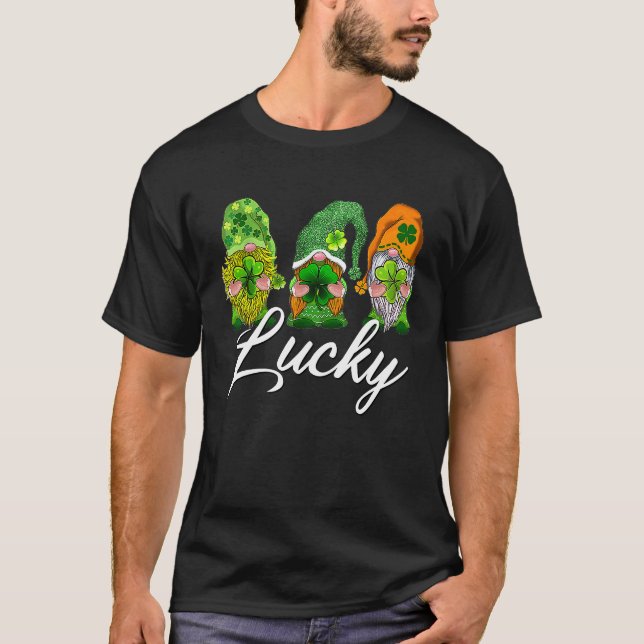 Happy St Patrick's Day Three Gnomes Lucky Green Sh T-Shirt (Front)