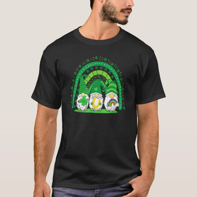 Happy St Patrick's Day Three Gnomes Shamrock Rainb T-Shirt (Front)