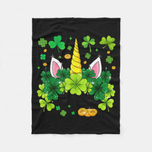Happy St Patricks Day Unicorn Face Irish Shamrock Fleece Blanket