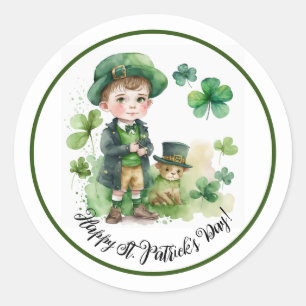 Happy St.Patrick's Day Watercolor Little Irish Boy Classic Round Sticker