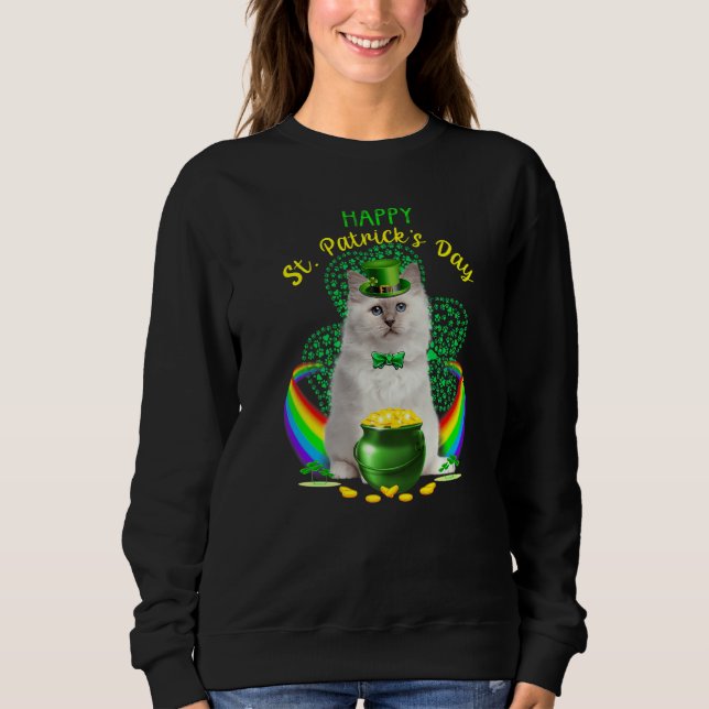 Happy St Patricks Day White Cat Leprechaun Hat Sha Sweatshirt (Front)