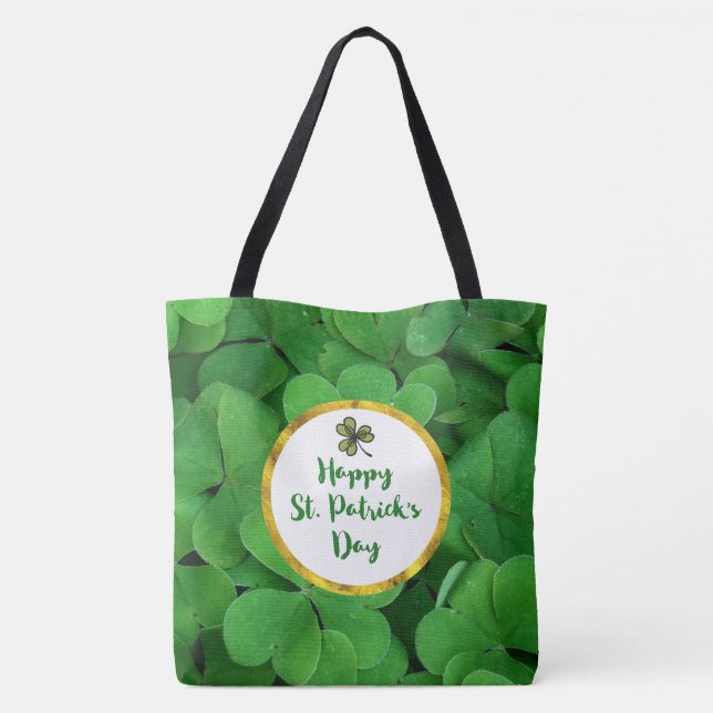 Happy St. Patrick's Day with Green Clovers Tote Bag (Back)
