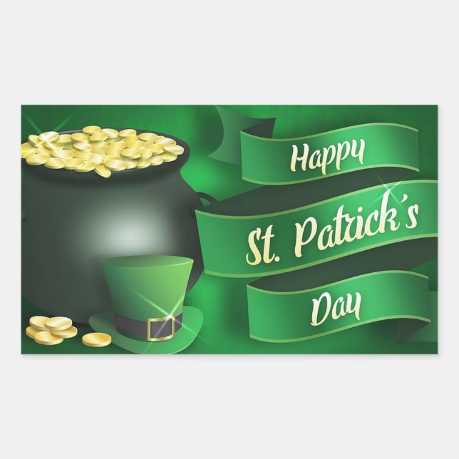Happy St Patrick's Day with Pot of Gold Rectangular Sticker (Front)