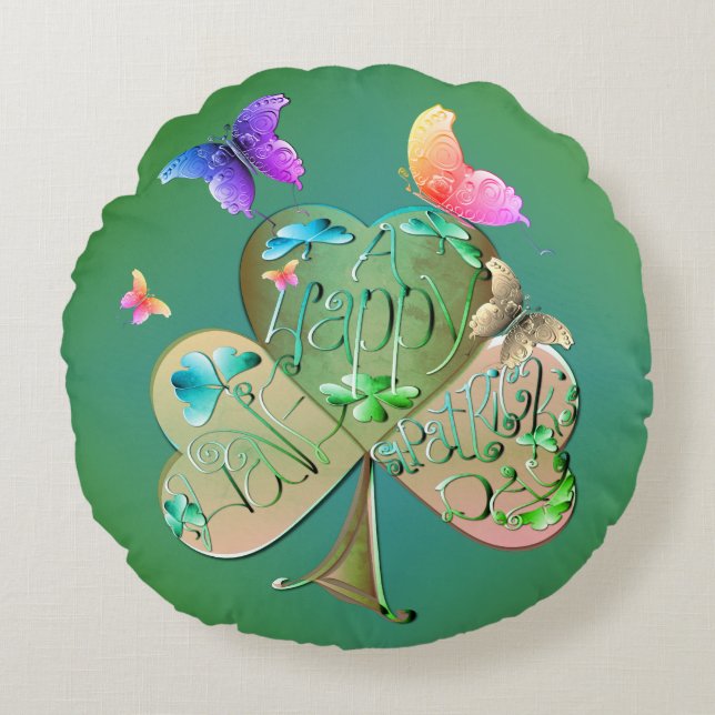 "Happy St. Patrick's "Shamrock Round Cushion (Front)