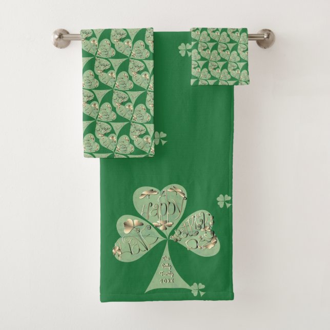 "Happy St. Patrick's " Shamrocks Green Towel (Insitu)