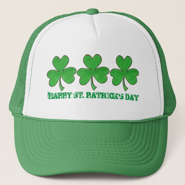 Happy St. Saint Patrick's Day Green Shamrock Trucker Hat (Front)
