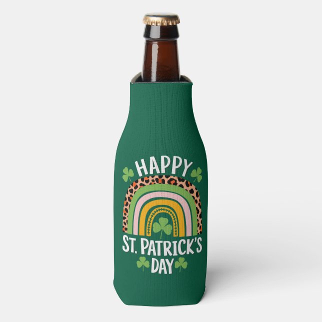 Happy St Saint Patrick's Day Rainbow Shamrock  Bottle Cooler (Bottle Front)