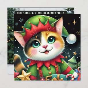 Happy Star Christmas Cute calico cat Elf Holiday Card