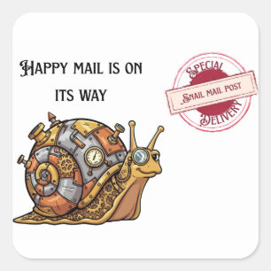 Happy Steampunk Snail Mail Square Sticker