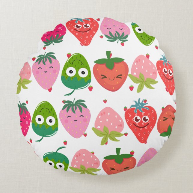 Happy strawberries smiling Cute colorful fruits Round Cushion (Front)