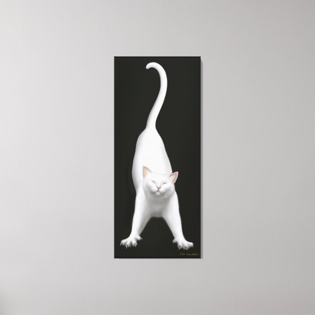 Happy Stretching White Cat Wrapped Canvas (Front)