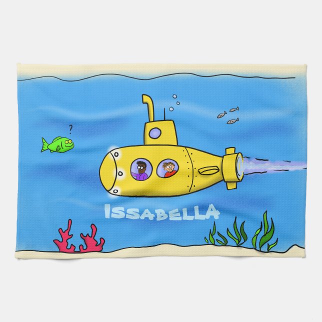 Happy submarine cartoon tea towel (Horizontal)