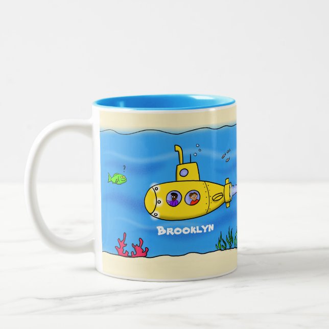 Happy submarine cartoon Two-Tone coffee mug (Left)