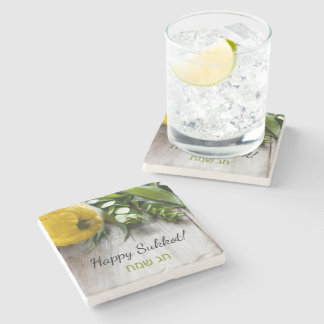 Happy Sukkot English Hebrew Sukkah Decoration Stone Coaster