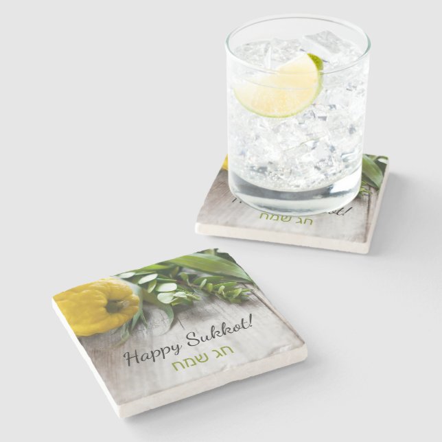 Happy Sukkot English Hebrew Sukkah Decoration Stone Coaster (Side)