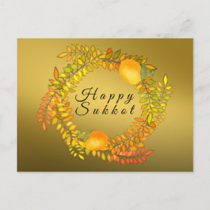 Happy Sukkot faux gold lemons and leaves wreath Postcard