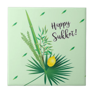 Happy Sukkot Lulav and Etrog Watercolor Pattern Tile