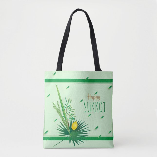 Happy Sukkot Lulav and Etrog Watercolor Pattern Tote Bag (Front)