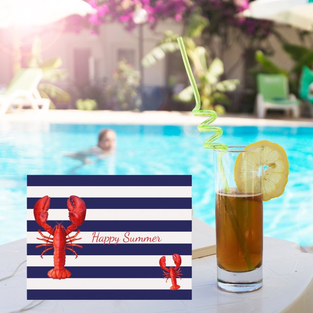 Happy summer blue white stripes with red lobsters postcard (Creator Uploaded)