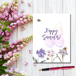 Happy Summer butterfly violet wildflowers pink Postcard<br><div class="desc">A white background on the front. Decorated with bees and painted wildflowers in violet and pink and a large butterfly.  Text: Happy Summer!
Back: violet background.</div>