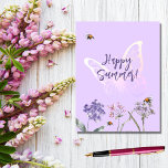 Happy Summer butterfly violet wildflowers pink Postcard<br><div class="desc">A violet,  lavender coloured background. Decorated with bees and painted wildflowers in violet and pink and a large butterfly.  Text: Happy Summer!
Back: violet background.</div>