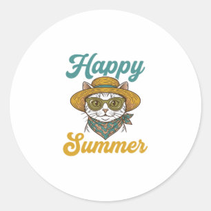 Happy Summer Cat Vintage Engraving Shirt Design_1 Classic Round Sticker