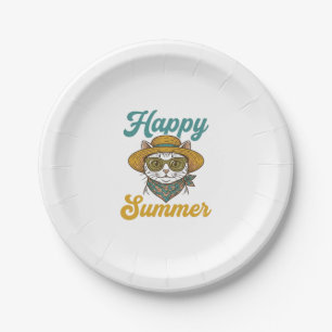 Happy Summer Cat Vintage Engraving Shirt Design_1 Paper Plate