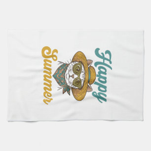 Happy Summer Cat Vintage Engraving Shirt Design_1 Tea Towel