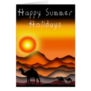 Happy Summer Holidays Card Camels At Sunset Desert