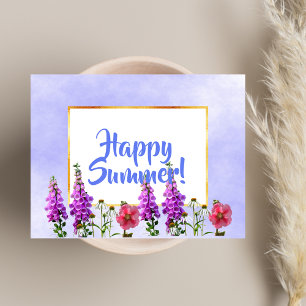 Happy Summer pink flowers on white gold and blue Postcard