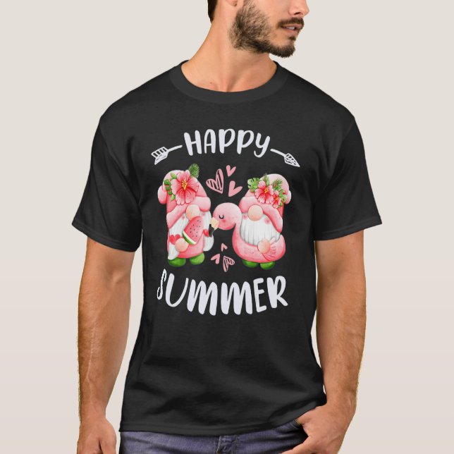 Happy summer pink gnomes with flamingo swim ring T-Shirt (Front)