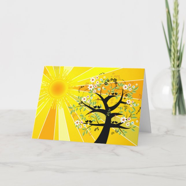 Happy Summer Solstice Sun Tree Birds Flowers Card (Front)
