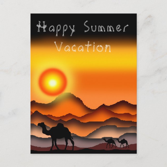 Happy Summer Vacation Card Camels At Sunset Desert (Front)