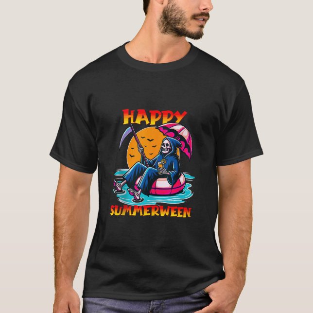 Happy Summerween Grim Reaper Float Summer Hallowee T-Shirt (Front)