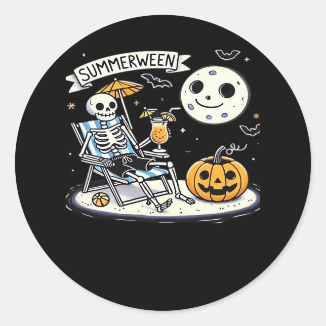 Happy Summerween Skeleton Drink Summer Halloween C Classic Round Sticker (Front)