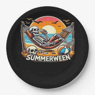 Happy Summerween Skeleton Drink Summer Halloween C Paper Plate