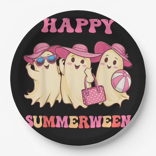 Happy Summerween Summer Halloween Costumes Ghost L Paper Plate (Front)
