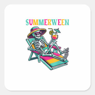 Happy Summerween Summer Halloween Skeleton Square Sticker