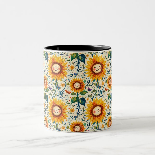 Happy Sunflowers: Cheery Sunflower Pattern Two-Tone Coffee Mug (Center)