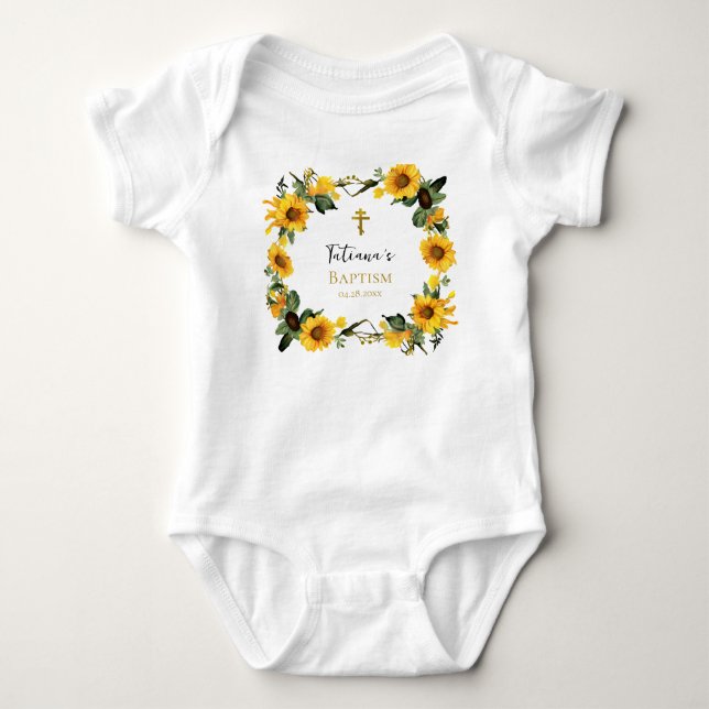 Happy Sunflowers Wreath Orthodox Christian Baptism Baby Bodysuit (Front)