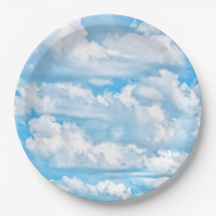 Happy Sunny Clouds Blue Background Paper Plate